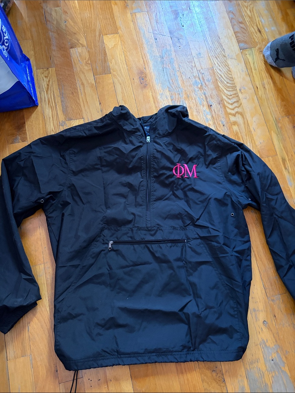 Charles River Apparel Black Pullover Varsity Jacket with Pink Monogram